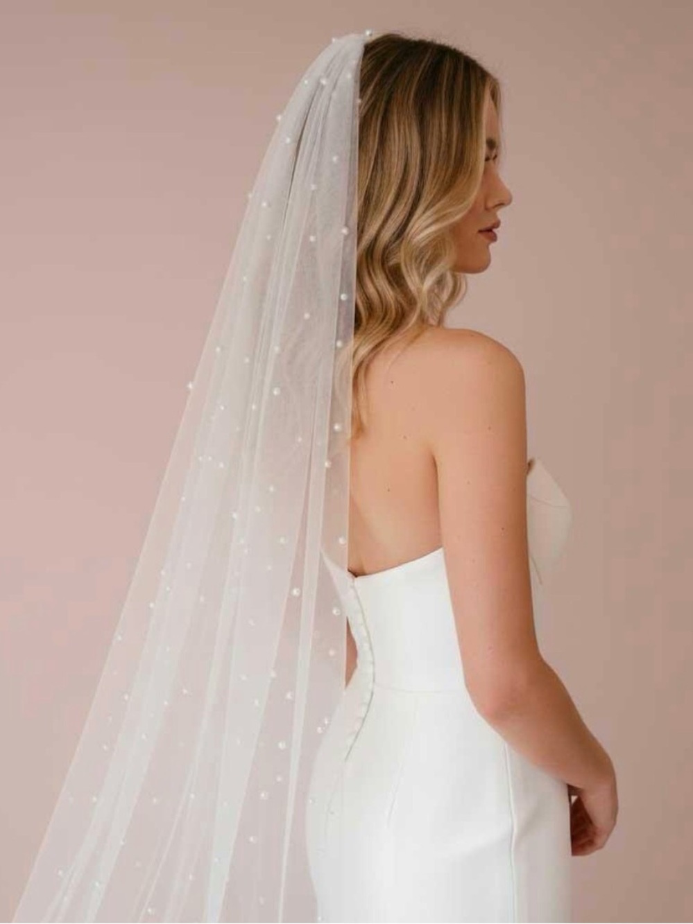 Long Chapel Cathedral Length Pearl Wedding Veil: Soft French Tulle, Silver Comb